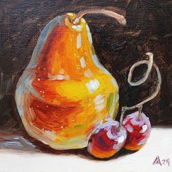 Bright pear painting original oil art still life 6 by 6 inches fruit artwork