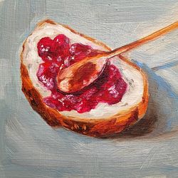 Toast with jam painting original oil art still life 5 by 5 inch