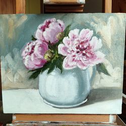 Peonies Painting Original Oil Art Stretched Canvas Pink Flowers Artwork 8" x 10"
