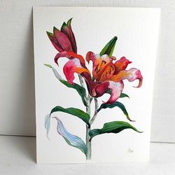 Red lily painting original watercolor art floral artwork flower 7.5 by 10,5