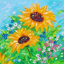 sunflower painting forget me not floral original art impasto oil painting flowers meadow artwork square 12x12 canvas