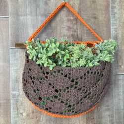 Crocheted Natural Cotton Plant Hanger or Hanging Fruit Basket for boho Rustic hippie Interior
