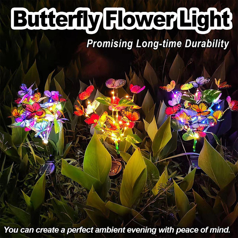 Outdoor Solar LED Butterfly Flower Light for Fence, Waterproof Garden Lighting, Landscape Decoration Lawn Lamp