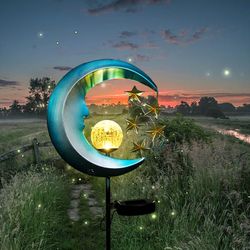 blue moon and stars solar garden light, celestial pathway lamp, warm white led, auto dusk to dawn ip65