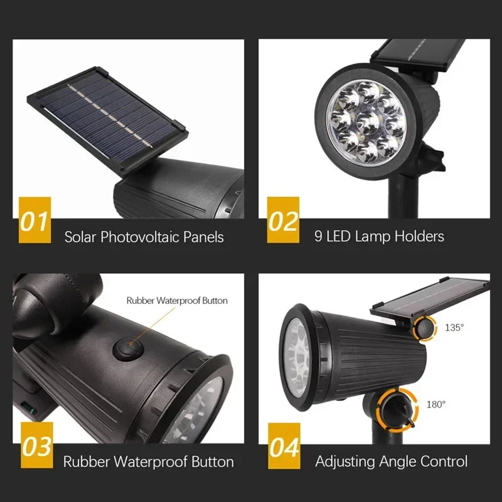 Outdoor 9LED Solar Spotlights Waterproof, Adjustable Brightness Yard Light, Garden Patio Driveway Decor Lamp