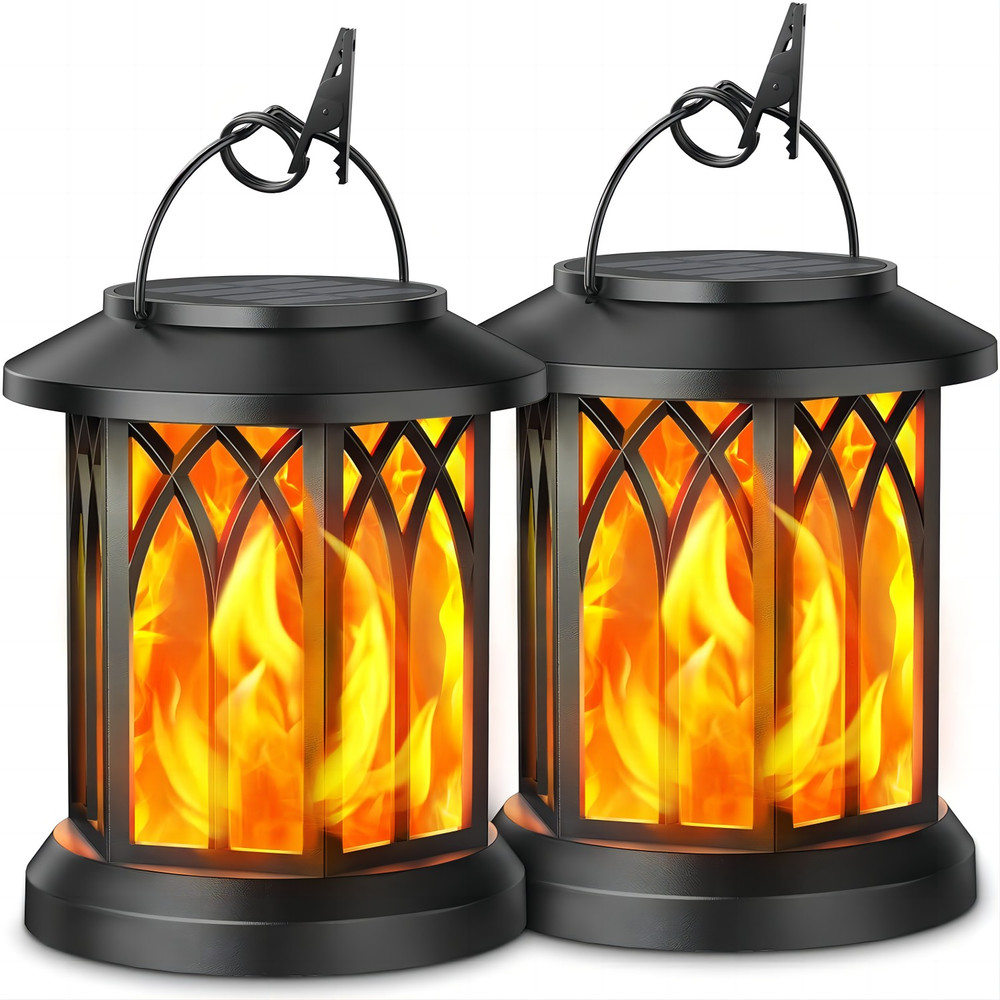 Outdoor Solar Lanterns Lights 2 Pack, Flickering Flame Hanging Lights for Garden, Patio Decor Bronze or Black