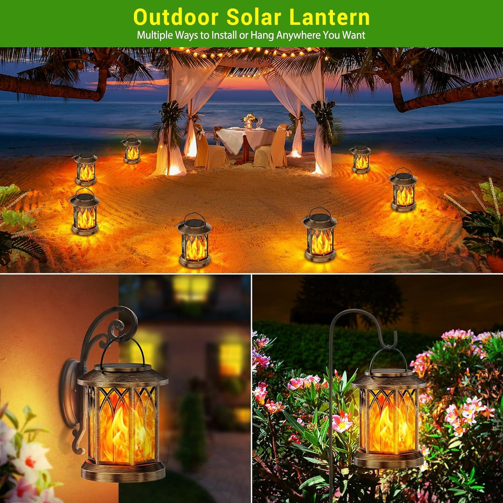 Outdoor Solar Lanterns Lights 2 Pack, Flickering Flame Hanging Lights for Garden, Patio Decor Bronze or Black