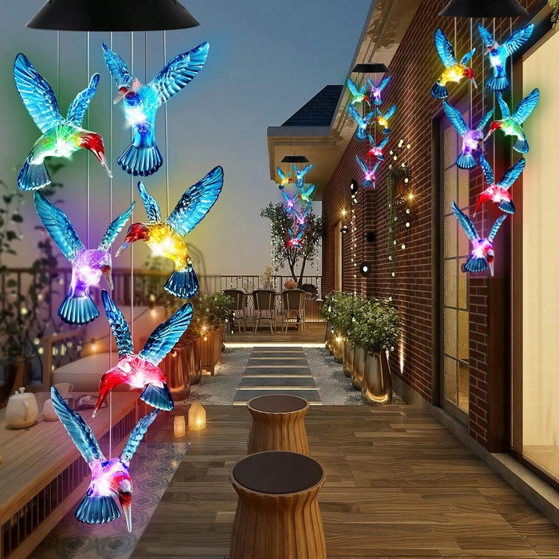 Waterproof Hummingbird Solar Wind Chime Light LED Outdoor Lantern, Auto Color Changing, Home Garden Gift Light