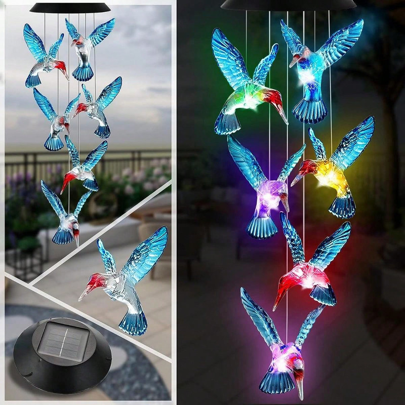 Waterproof Hummingbird Solar Wind Chime Light LED Outdoor Lantern, Auto Color Changing, Home Garden Gift Light