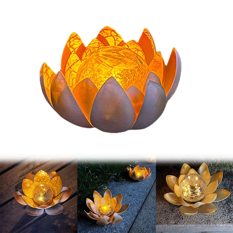 Waterproof Crack Glass Ball Lotus Light, Solar Powered Decorative Flower Lamp, 600mAh for Garden Yard Decor