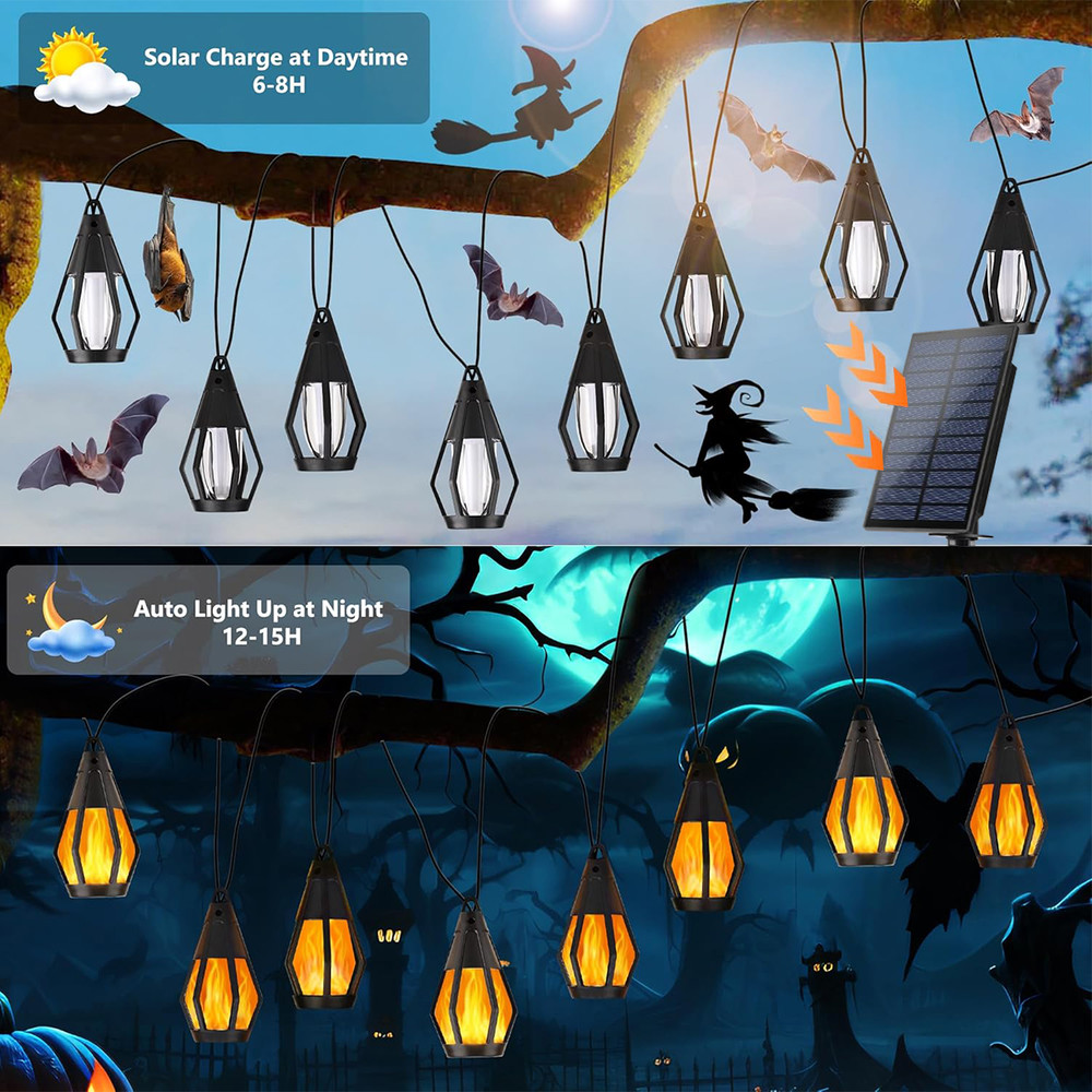Solar Halloween Lights LED Flame Outdoor String Lights With 10 Flickering Flame Bulb Yard Patio Dec 1