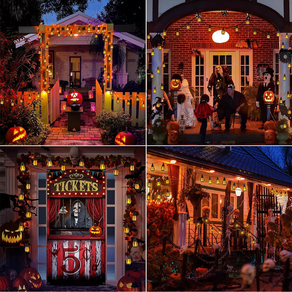 Solar Halloween Lights LED Flame Outdoor String Lights With 10 Flickering Flame Bulb Yard Patio Dec 5