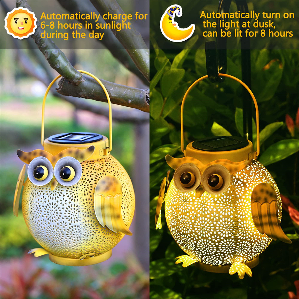 Owl Pattern Hanging Solar Lantern Garden Light, Waterproof Metal Solar Decor for Outdoor Patio, Yard Table or Pathway