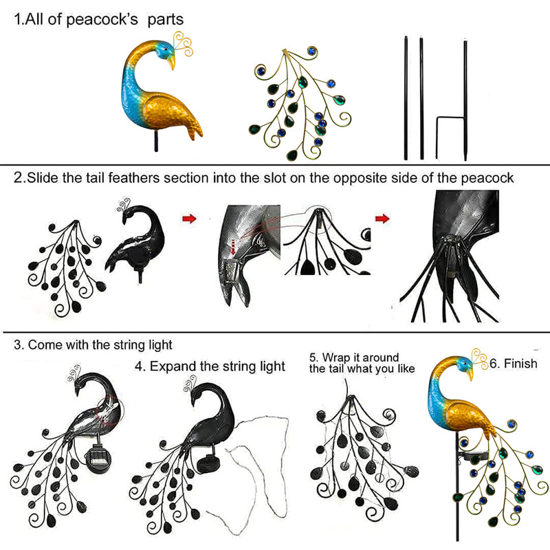 Solar Peacock Garden Light for Garden Paths, Metal Handicraft Decor, Outdoor Lighting with Artificial Gems