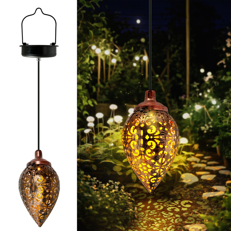 Romantic Hollow Outdoor Solar Water Drop Lantern, Metal Iron Design, Warm White Projection Lamp for Courtyard Decoration