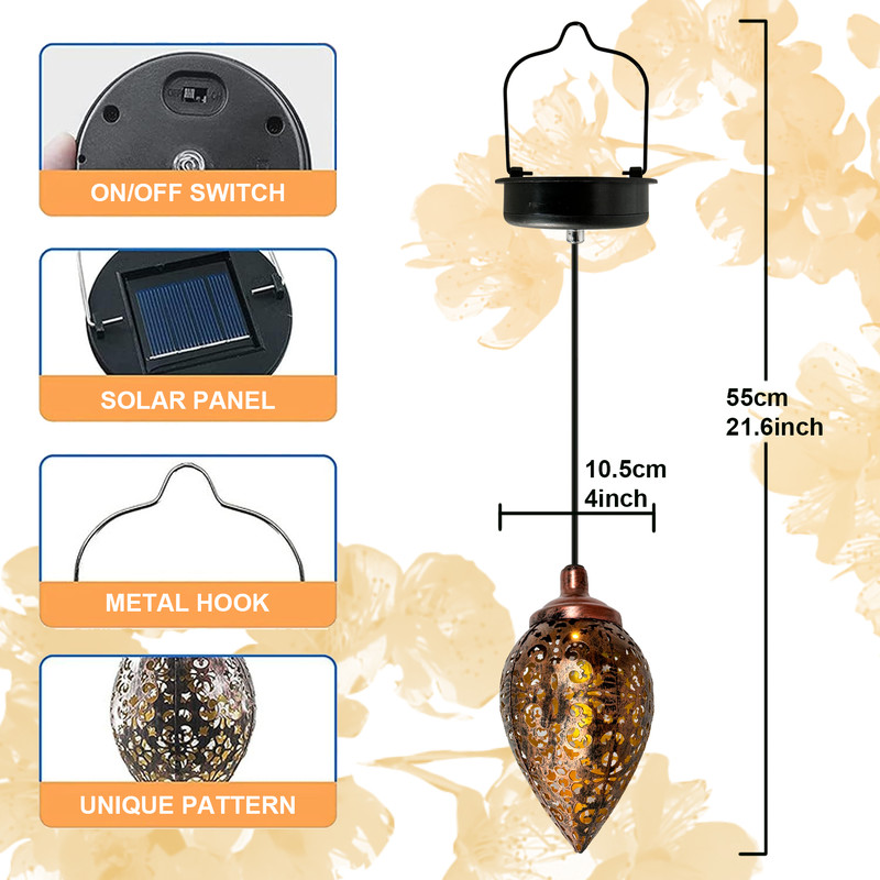 Romantic Hollow Outdoor Solar Water Drop Lantern, Metal Iron Design, Warm White Projection Lamp for Courtyard Decoration
