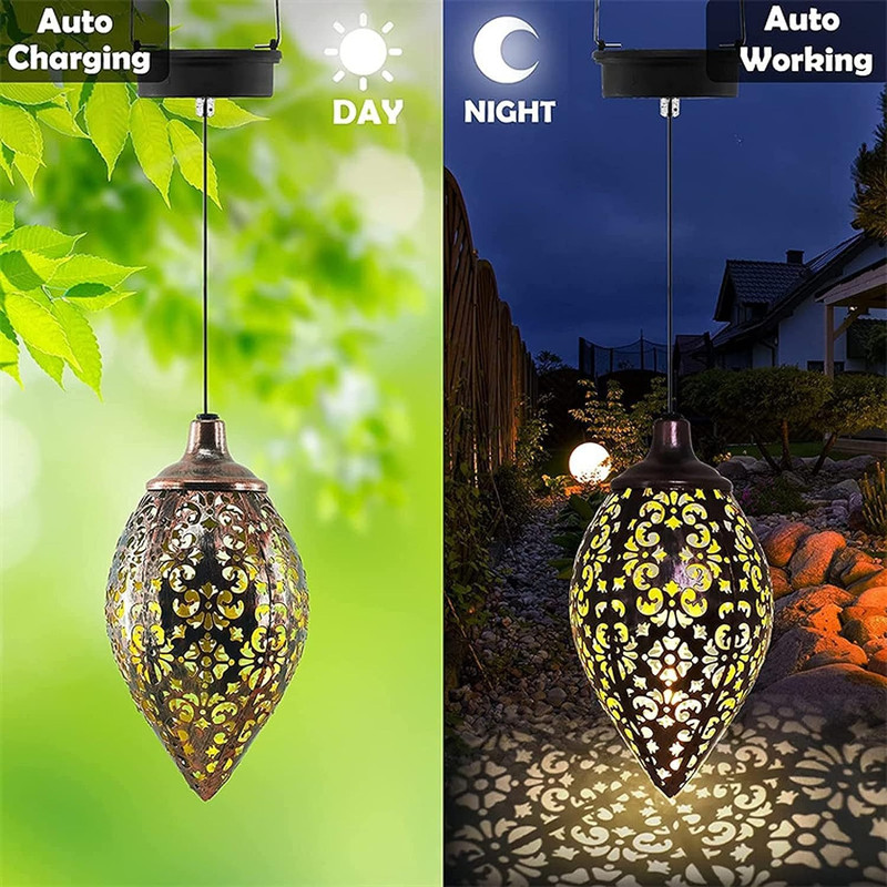 Romantic Hollow Outdoor Solar Water Drop Lantern, Metal Iron Design, Warm White Projection Lamp for Courtyard Decoration