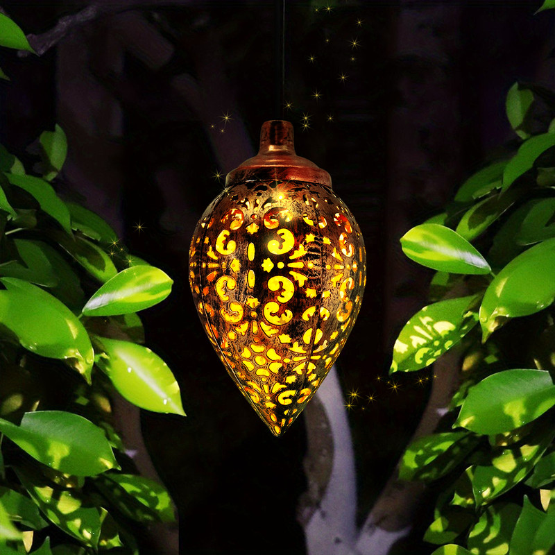 Romantic Hollow Outdoor Solar Water Drop Lantern, Metal Iron Design, Warm White Projection Lamp for Courtyard Decoration