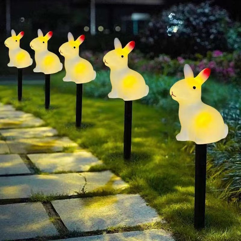 Solar Rabbit Easter Bunny Lights Outdoor, LED Garden Decor Pathway Lighting, Lawn Ground Plug Set
