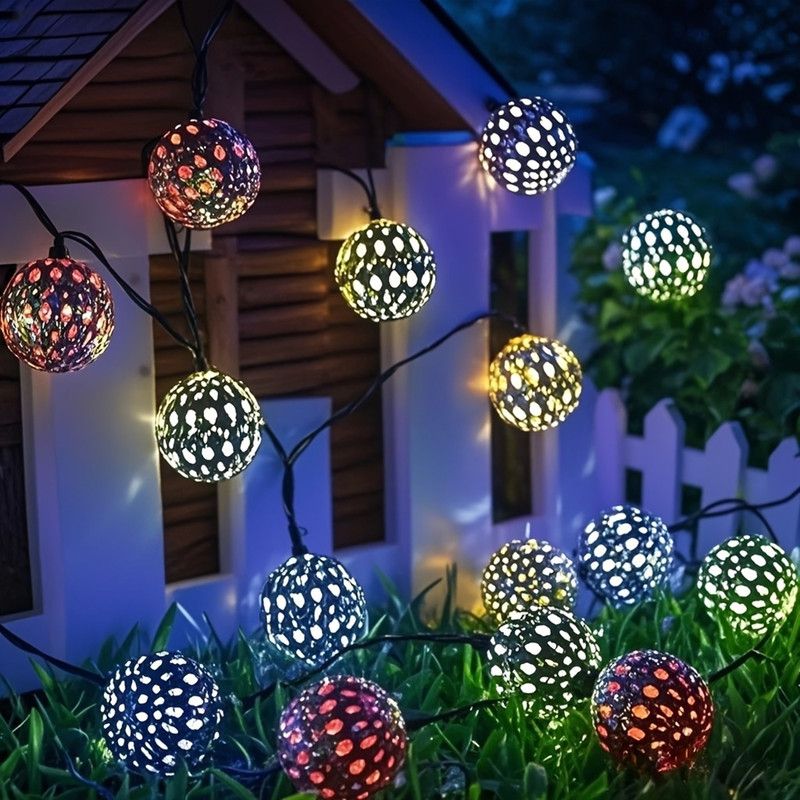 LED Moroccan Spherical Solar String Light, Outdoor Colorful Fairy Lights for Garden Fence Courtyard Pathway