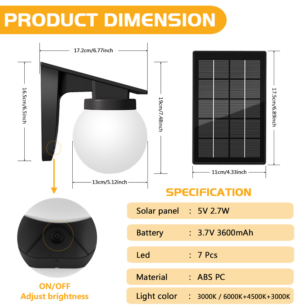 Outdoor Solar Wall Lights, IP65 Waterproof Bulb Light, Adjustable Brightness for Garden Yard Pathway Gate