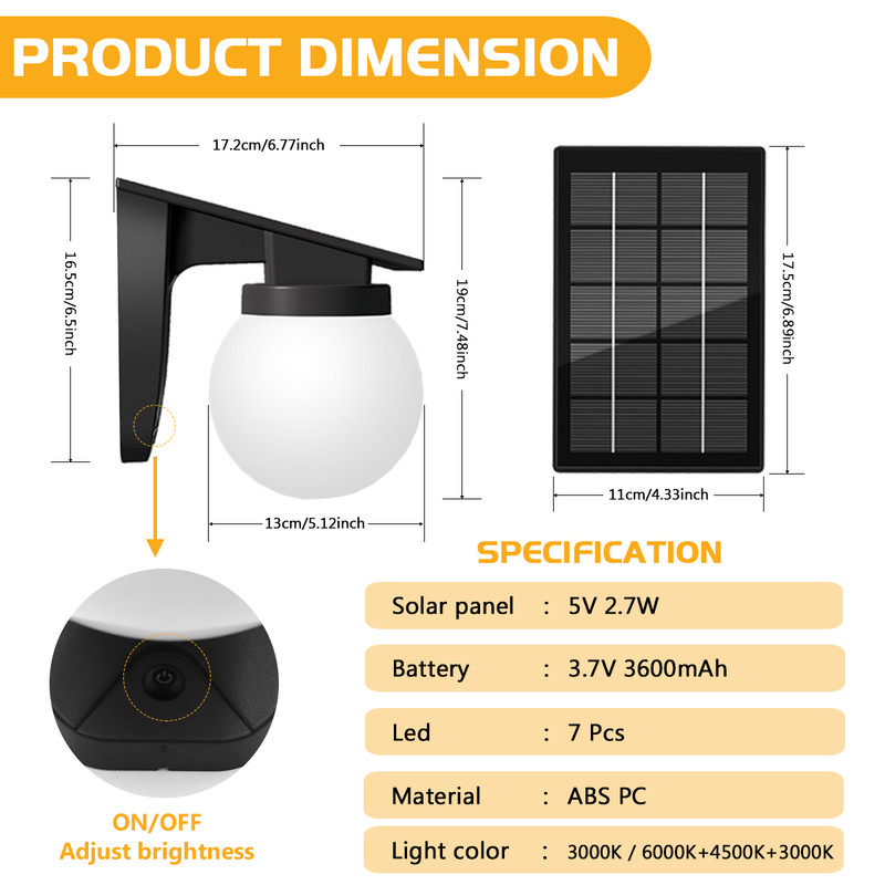 Outdoor Solar Wall Lights, IP65 Waterproof Bulb Light, Adjustable Brightness for Garden Yard Pathway Gate