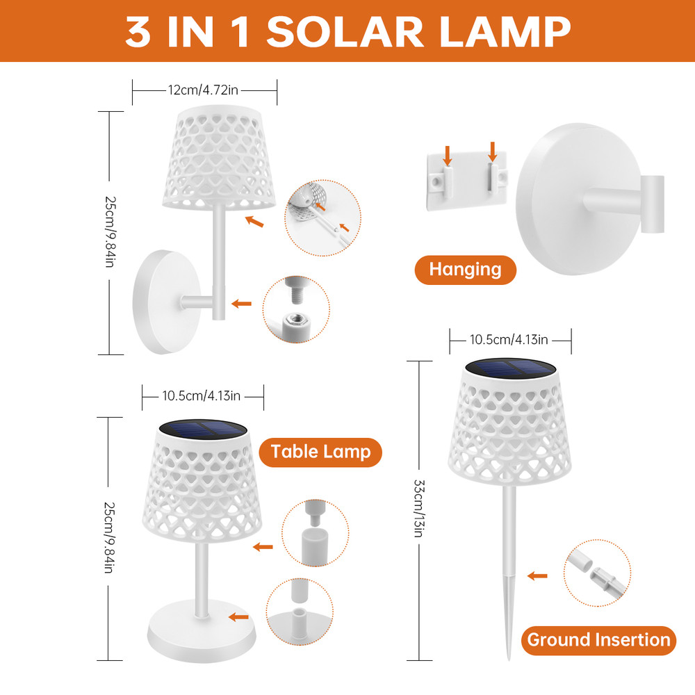 Outdoor LED Solar Table Lamp Waterproof, Cordless Desk Lamp, 3 Way Wall Installation Garden Solar Modern Bedside Lamp