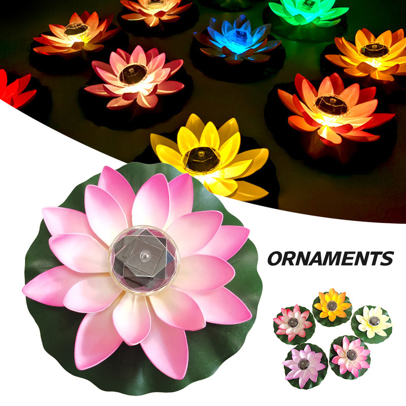 Solar Powered Artificial Floating Lotus Night Lights LED Garden Pool Lantern Energy Saving Lamp For 0