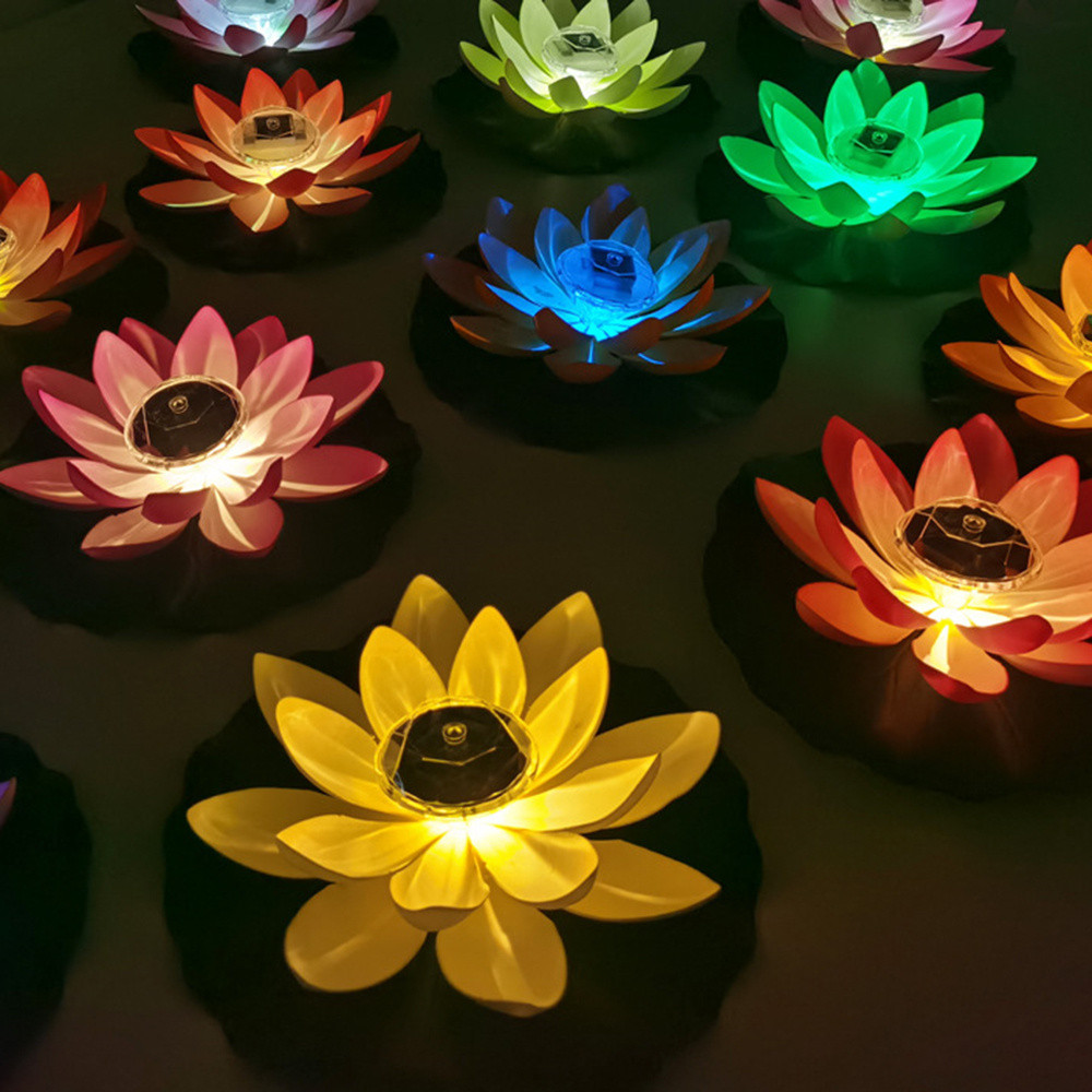 Solar Powered Artificial Floating Lotus Night Lights LED Garden Pool Lantern Energy Saving Lamp For 1