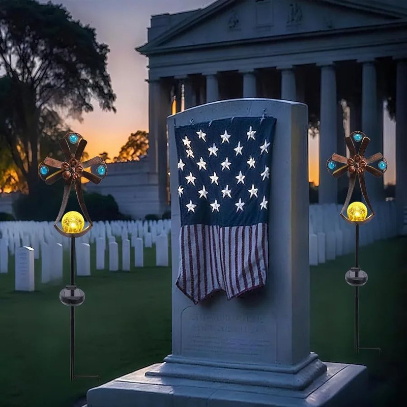 Solar Cross Garden Outdoor Lights With Crack Glass LED Waterproof Metal Stakes For Cemetery Decorat 5