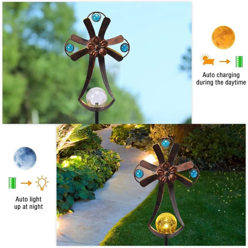 Solar Cross Garden Outdoor Lights With Crack Glass LED Waterproof Metal Stakes For Cemetery Decorat 2