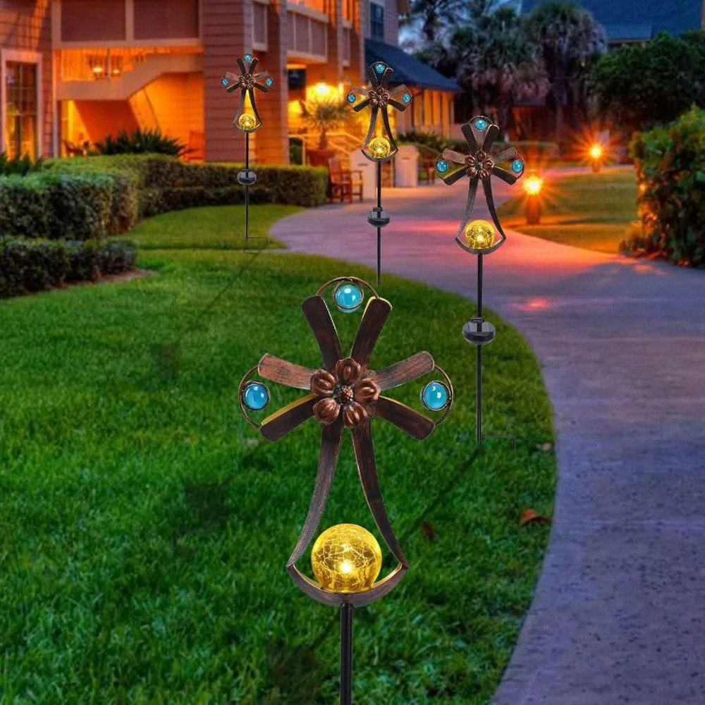 Solar Cross Garden Outdoor Lights With Crack Glass LED Waterproof Metal Stakes For Cemetery Decorat 3