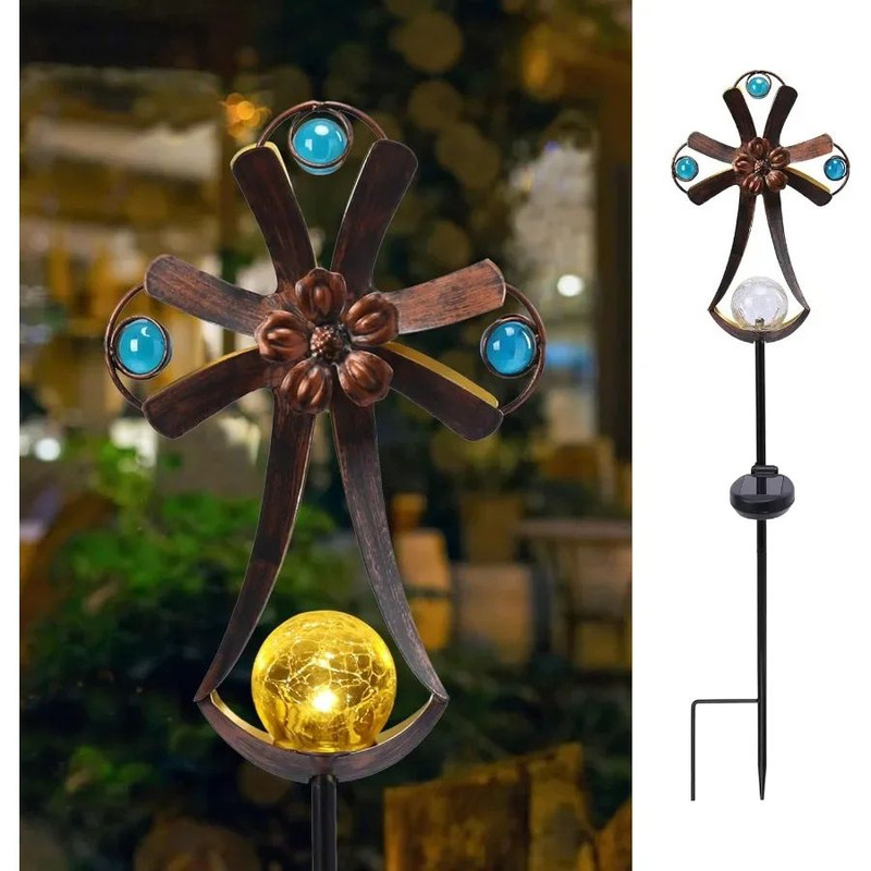 Solar Cross Garden Outdoor Lights With Crack Glass LED Waterproof Metal Stakes For Cemetery Decorat 0