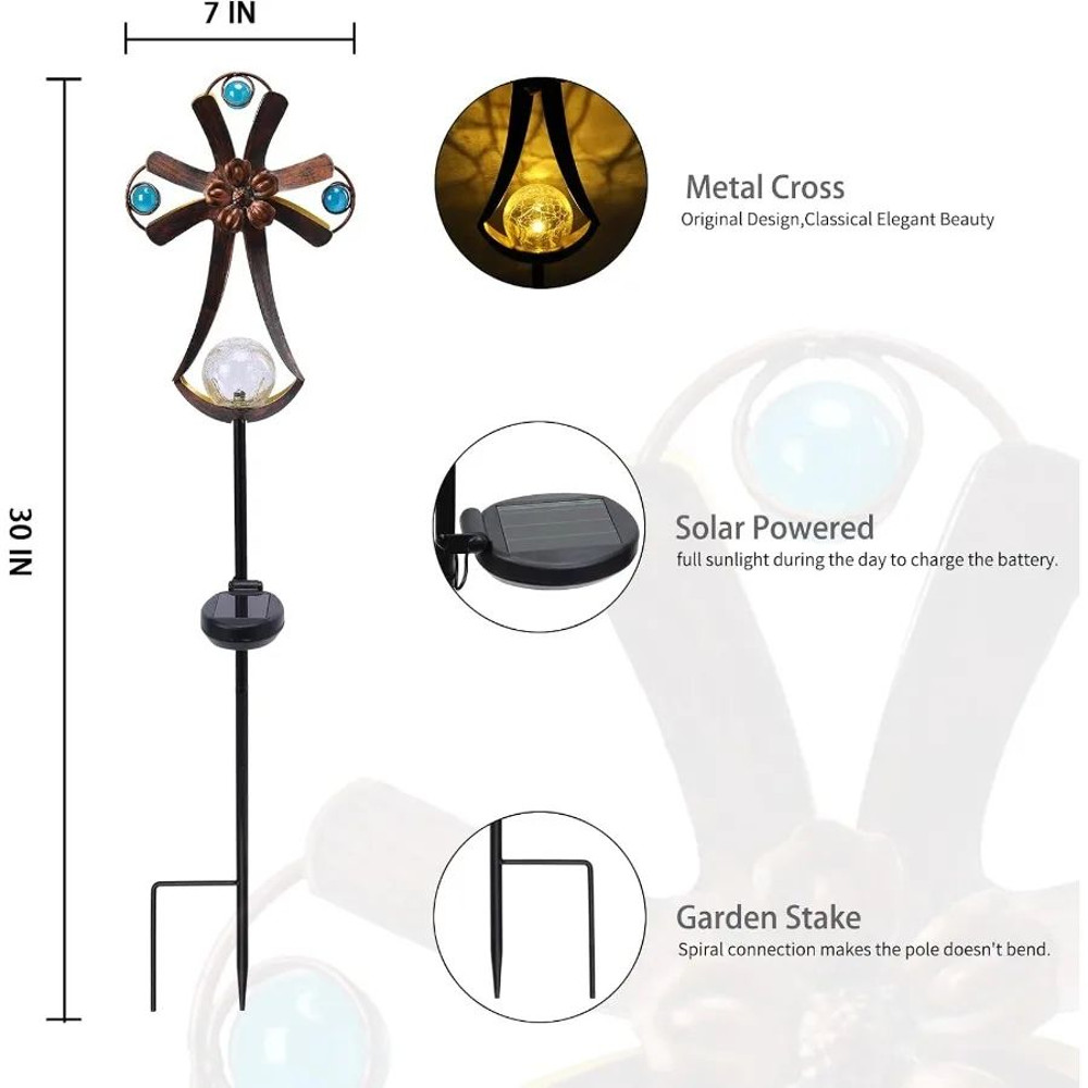 Solar Cross Garden Outdoor Lights With Crack Glass LED Waterproof Metal Stakes For Cemetery Decorat 4
