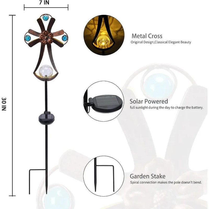 Solar Cross Garden Outdoor Lights With Crack Glass LED Waterproof Metal Stakes For Cemetery Decorat 4