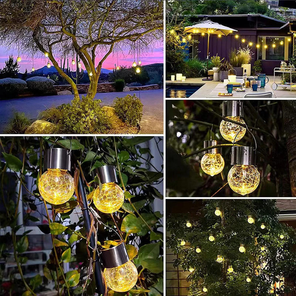 Waterproof Solar Hanging Lights for Outdoors Cracked Glass Lanterns, Garden Yard Fence Tree Patio Christmas Decoration