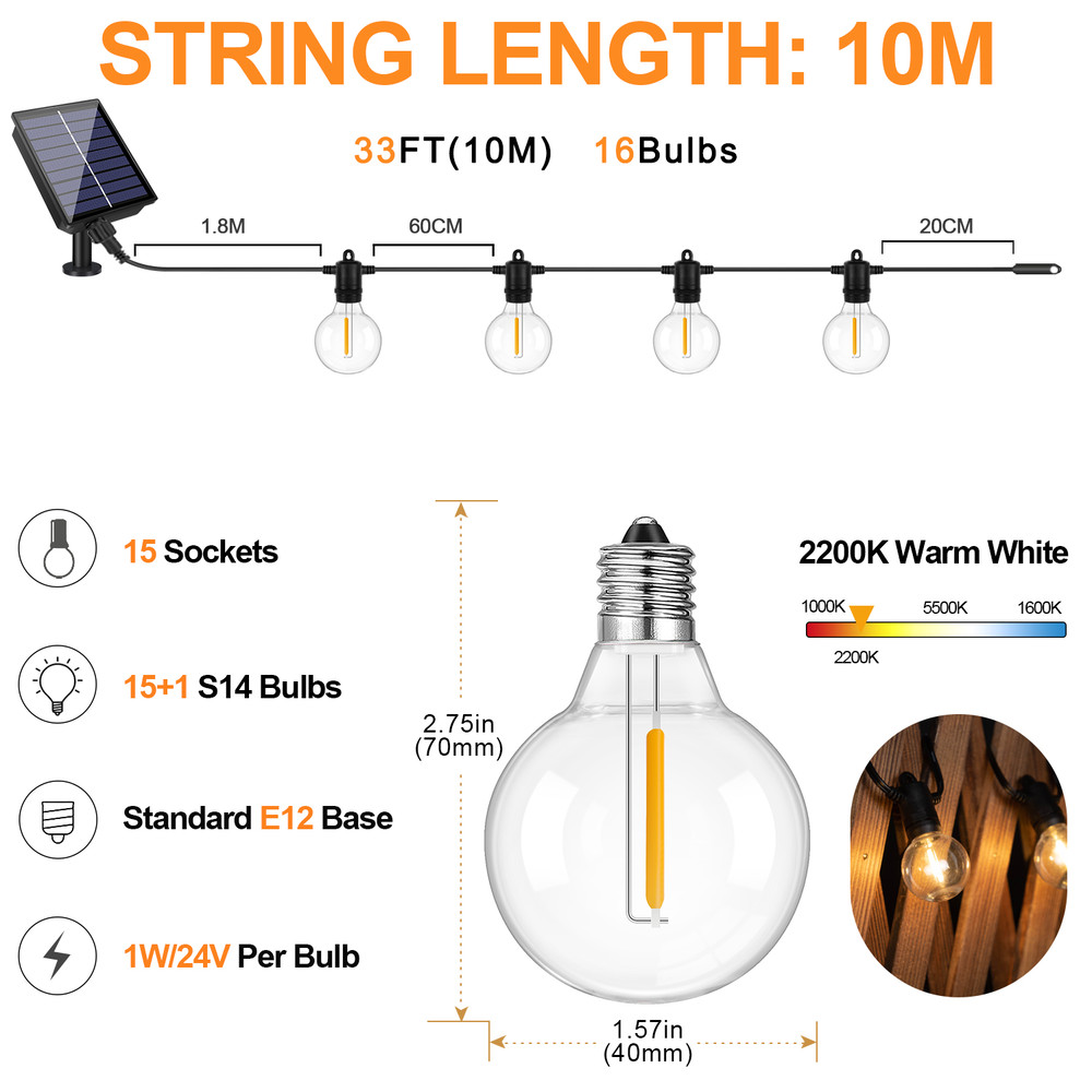 Solar String Light Outdoor, Waterproof Globe Solar Patio Lights with Remote, Dimmable Hanging Lights for Backyard