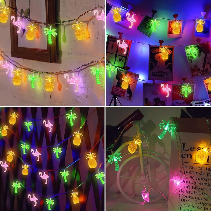 Battery Operated LED Flamingo Pineapple Palm Tree String Lights, Tropical Beach Hawaiian Fairy Atmosphere Lights
