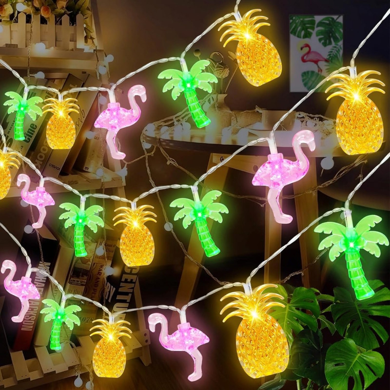 Battery Operated LED Flamingo Pineapple Palm Tree String Lights, Tropical Beach Hawaiian Fairy Atmosphere Lights