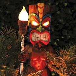 solar tiki lights outdoor statues backyard, tiki totem decor for hawaiian party, tropical garden patio decor