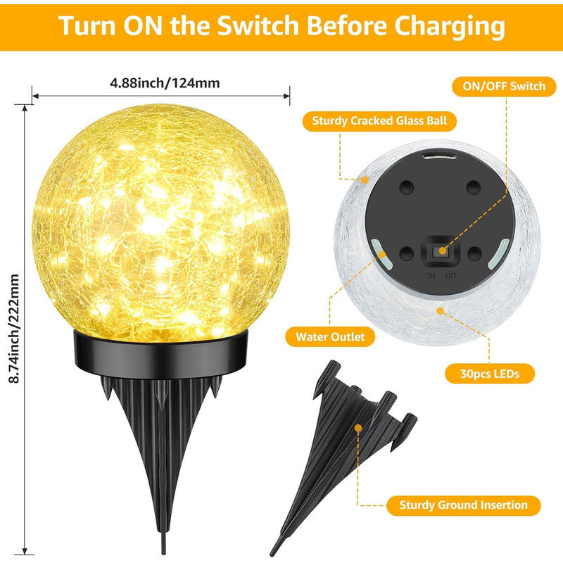 Weatherproof Garden Globe Lights Solar Cracked Ice Ball Light 10cm Pathway Yard Decor LED Landscape 4
