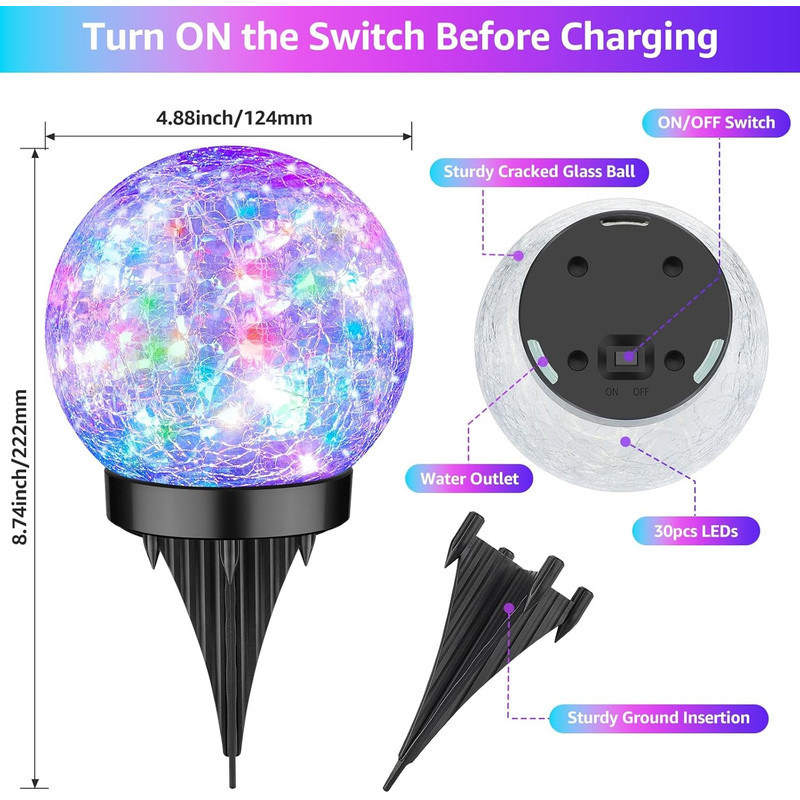Weatherproof Garden Globe Lights Solar Cracked Ice Ball Light 10cm Pathway Yard Decor LED Landscape 6