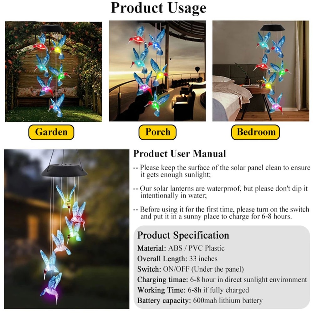 Waterproof Hummingbird Solar Wind Chime Light LED Outdoor Lantern Auto Color Changing Home Garden G