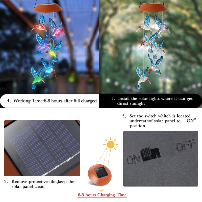 Waterproof Hummingbird Solar Wind Chime Light LED Outdoor Lantern Auto Color Changing Home Garden G 2