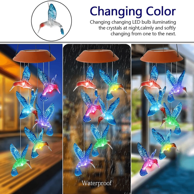 Waterproof Hummingbird Solar Wind Chime Light LED Outdoor Lantern Auto Color Changing Home Garden G 1