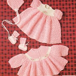 Vintage Knitting Pattern for Baby Dress Coat Bootees Bonnet Patons 1299 Lace Pretty
