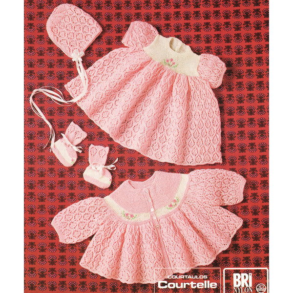 Vintage Knitting Pattern for Baby Dress Coat Bootees Bonnet Patons 1299 Lace Pretty.jpg