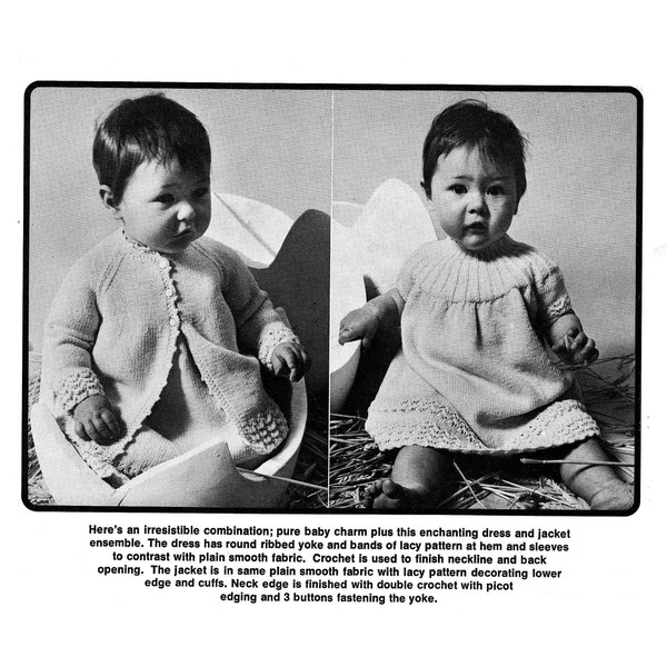 Vintage Cardigan Dress Cot Cover Knitting Pattern for Baby Patons 951 Good Morning World (6).jpg