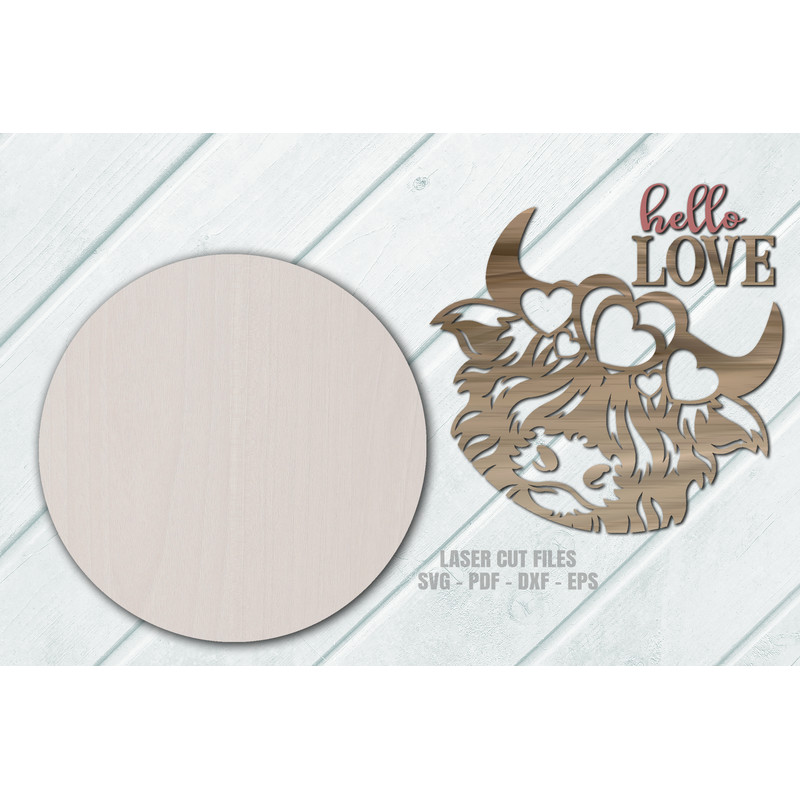 Highland Cow SVG Valentine Door Hanger SVG Laser Cut Files Hello Love SVG Heart SVG Glowforge Files 4.png
