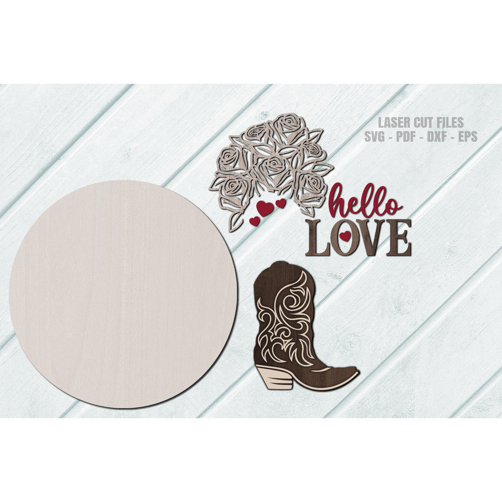 Valentine Cowboy Boot SVG - Valentine Door Hanger SVG - Laser Cut Files - Hello Love SVG - Valentine SVG - Glowforge Files - Cricut SVG Files